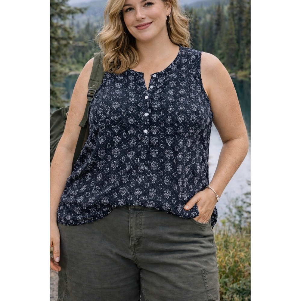 Eddie Bauer Womens Sleeveless Henley Top Navy Blue 2XL Floral Cotton Blouse